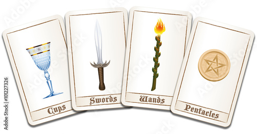 Tarot cards fanned out with four suits: wands, coins, swords and cups. Isolated vector illustration on white background.