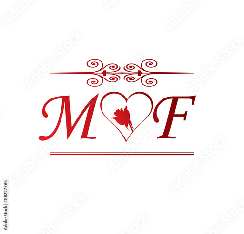 MF love initial with red heart and rose