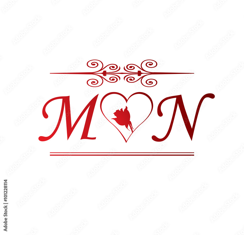MN love initial with red heart and rose Stock Vector | Adobe Stock