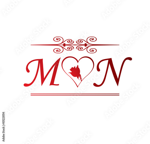 MN love initial with red heart and rose