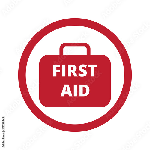 Flat red first aid kit icon in circle on white