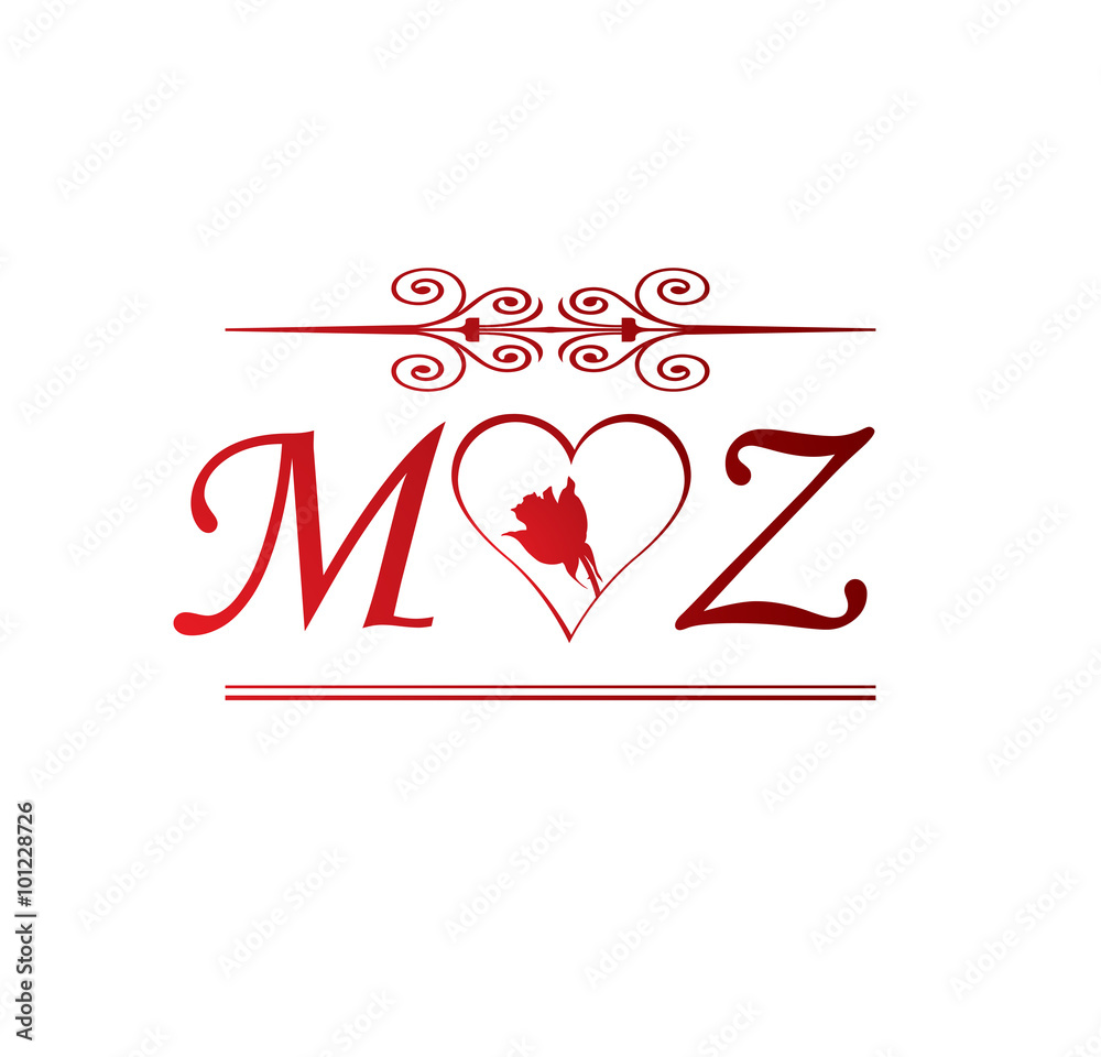 MZ love initial with red heart and rose Stock Vector