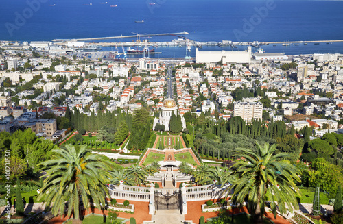 Top view of the Bahai Garden and Haifa, Israel