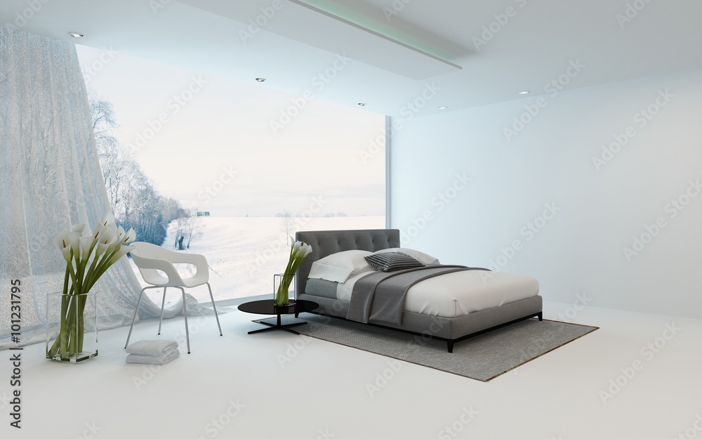 Fototapeta premium Modern cool bedroom interior overlooking a garden