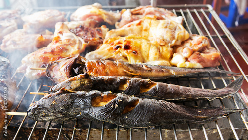 Grilled fish and grilled chicken.