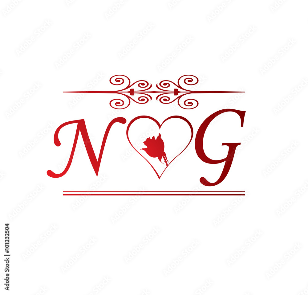 NG love initial with red heart and rose Stock Vector | Adobe Stock