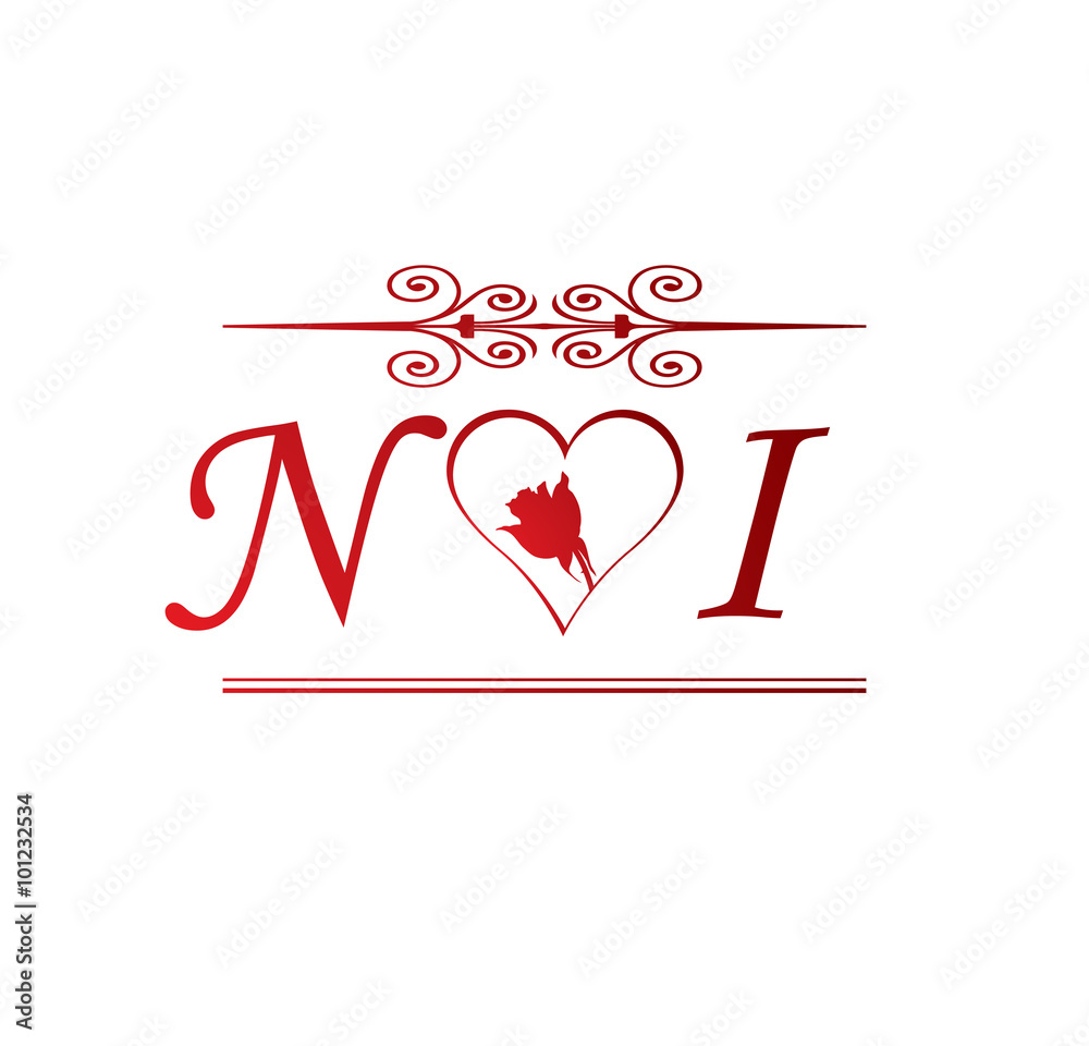 NI love initial with red heart and rose Stock Vector | Adobe Stock