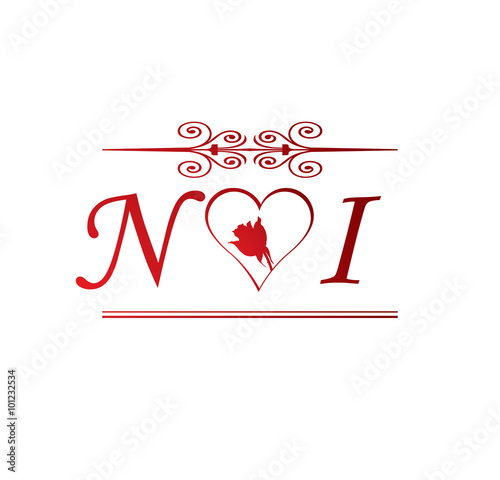 NI love initial with red heart and rose