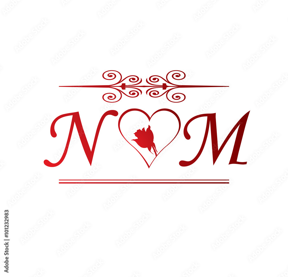 NM love initial with red heart and rose Stock Vector | Adobe Stock