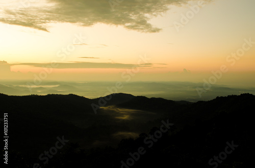 art tone,blurry,silhouette of sunset in the mountain