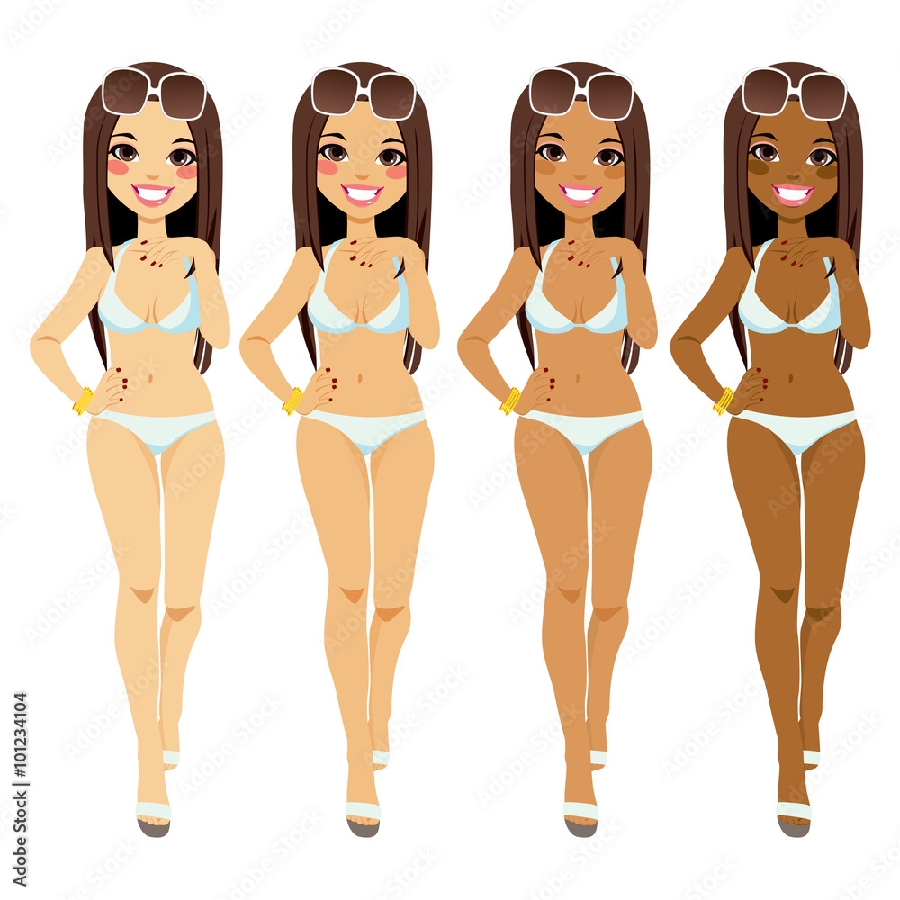Full body brunette woman in bikini showing tanning tones from natural to  dark tan Stock Vector | Adobe Stock