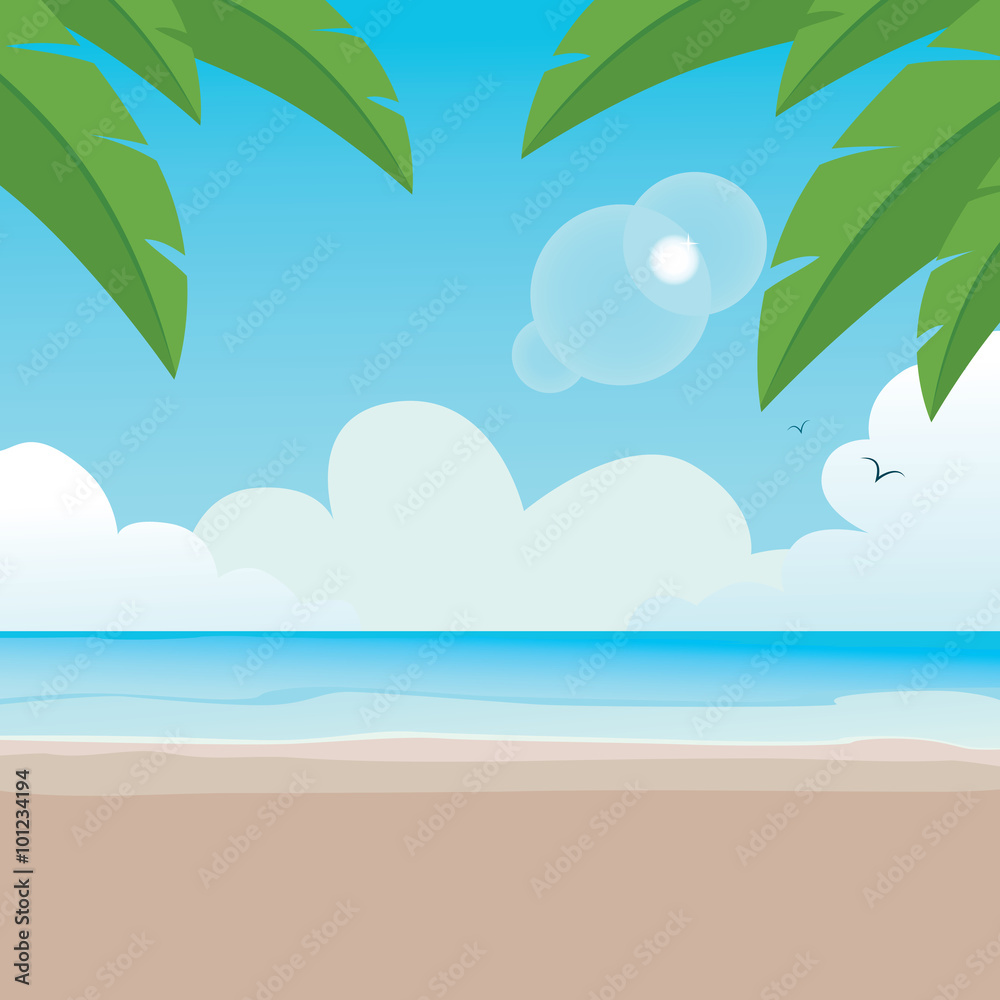 Illustration of paradisaical tranquil beach background scene with palm trees