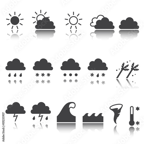 Weather icons set. Cloud, sun, precipitation. shadow reflection.