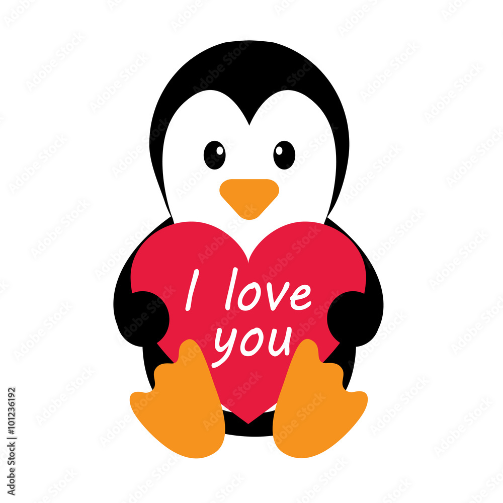 Fototapeta premium penguin with heart and text