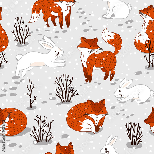 Seamless pattern with cute foxes and bunny. Winter illustration