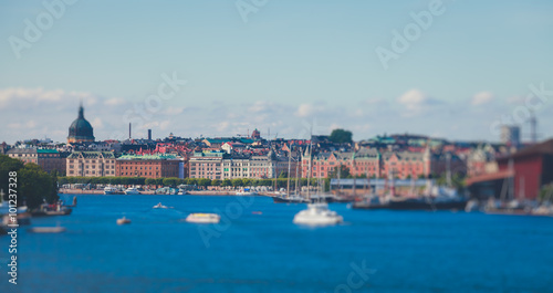 Beautiful super wide-angle panoramic aerial view of Stockholm, Sweden with harbor and skyline with scenery beyond the city, seen from the observation tower, sunny summer day with blue sky
 photo