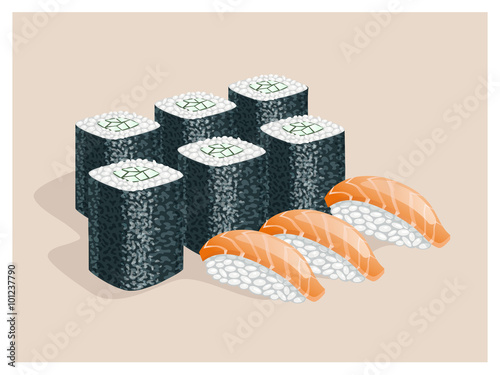 Rolls with cucumber and sushi with fish.