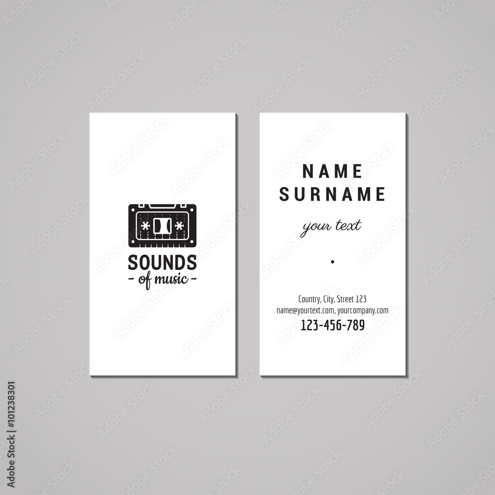 Plakat Music studio business card design concept. Music studio logo with music cassette. Vintage, hipster and retro style. Black and white.