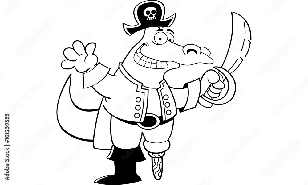 Black and white illustration of an alligator dressed as a pirate.