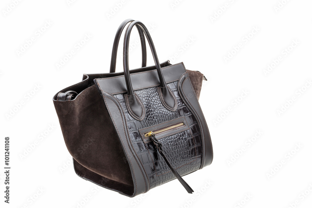 Naklejka premium Dark chocolate leather womens bag isolated on white background.