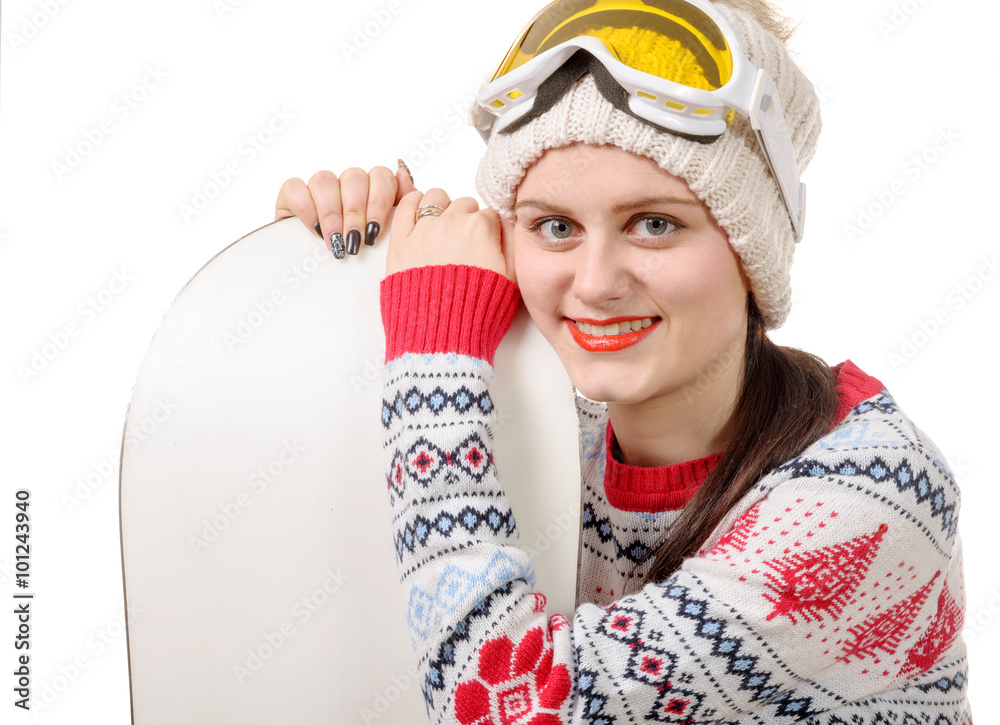 beautiful woman with a snowboard in studio beautiful woman with a snowboard in studio