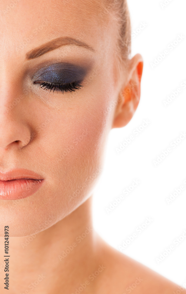 Beauty portrait of woman with perfect makeup, smokey eyes, full