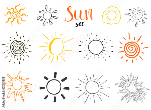 Hand drawn set of different suns, sketch vector illustration isolated on white