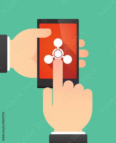 Hands using a phone showing a chemical weapon sign