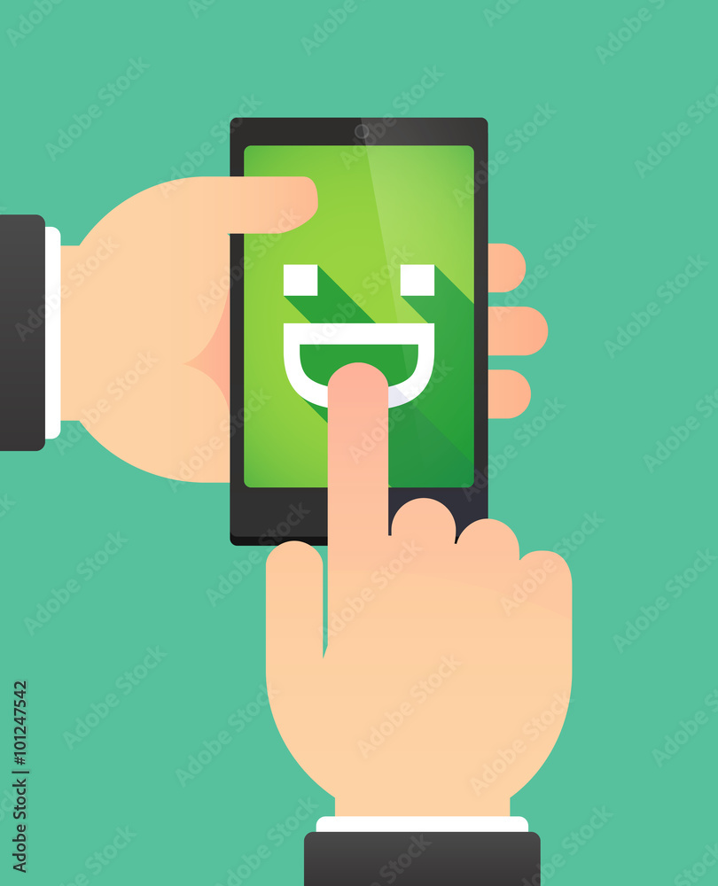 Hands using a phone showing a laughing text face Hands using a phone showing a laughing text face
