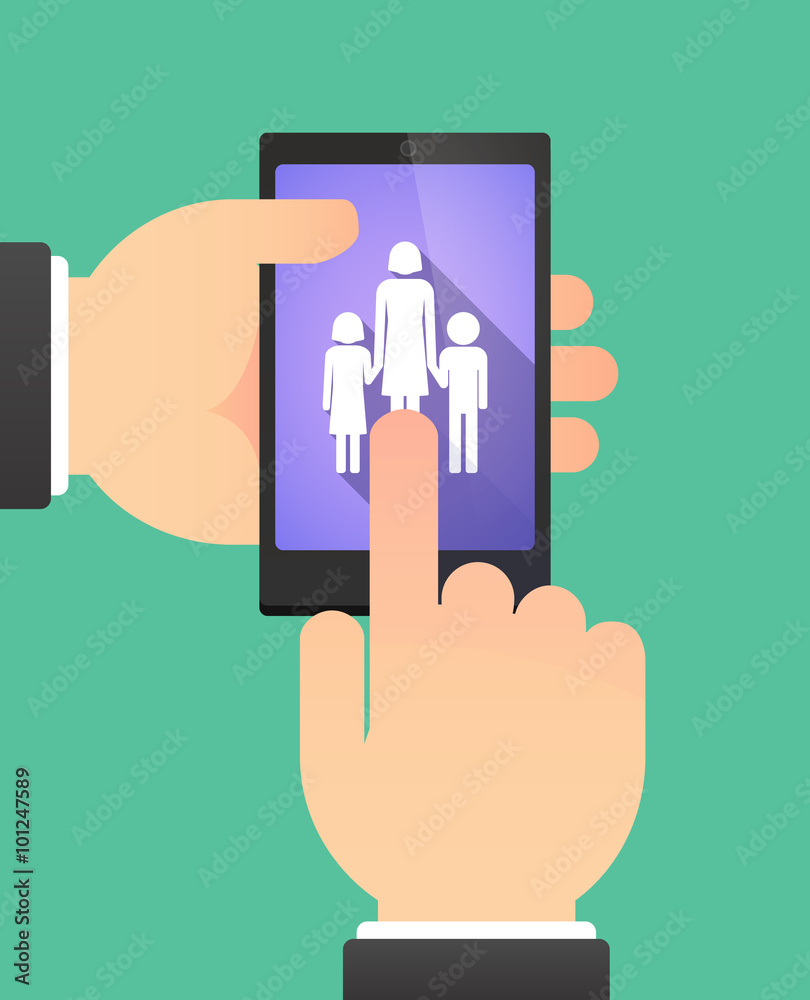 Hands using a phone showing a female single parent family pictog Hands using a phone showing a female single parent family pictog