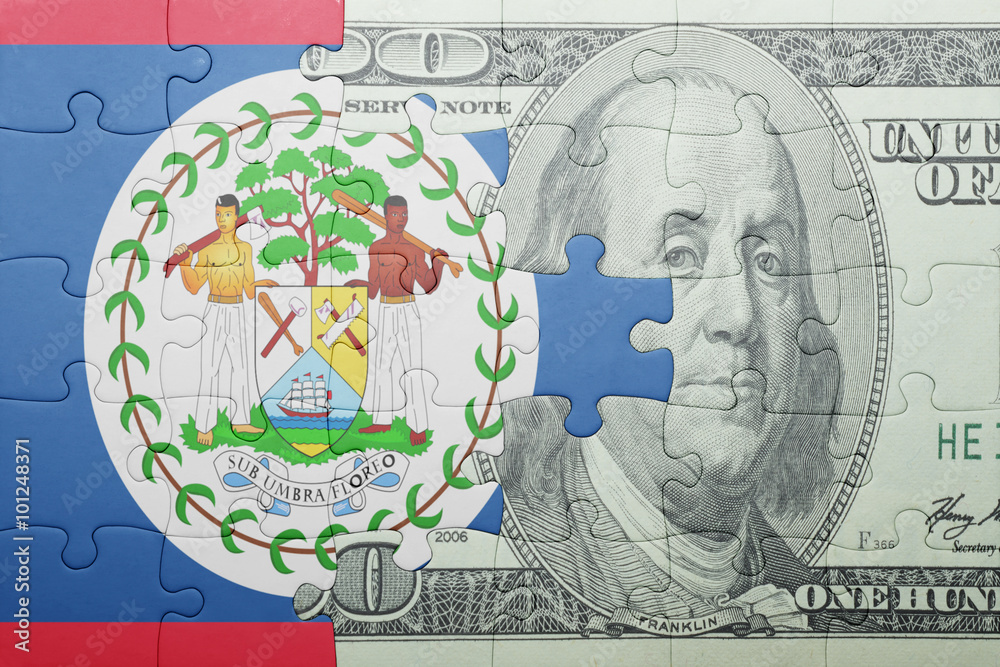 Naklejka premium puzzle with the national flag of belize and dollar banknote