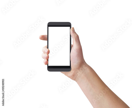 Right hand holding big touch screen smart phone, isolated on white, clipping path