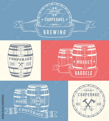 Set Wooden Casks Badges and Cooperage Logo