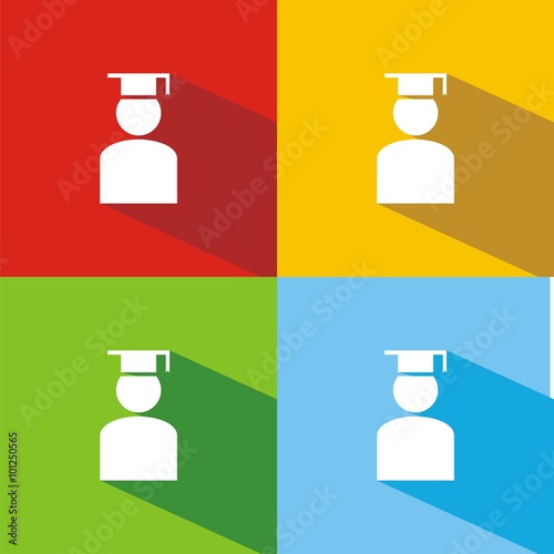 Icono de graduado sobre fondos de colores. Ceremonia de graduación