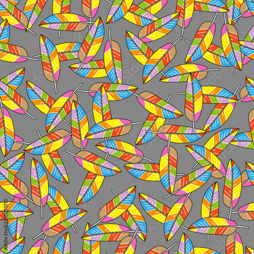 Colored feathers abstract seamless pattern on grey background.