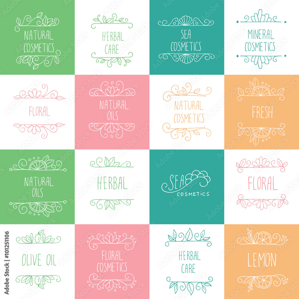 Vector set of hand drawn logos and labels for beauty shops and cosmetics