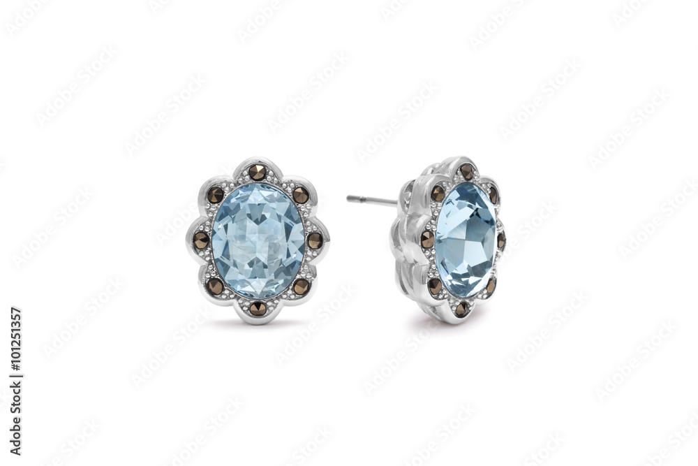 Beautiful Aquamarine Gemstone & Marcasite Flower Earrings