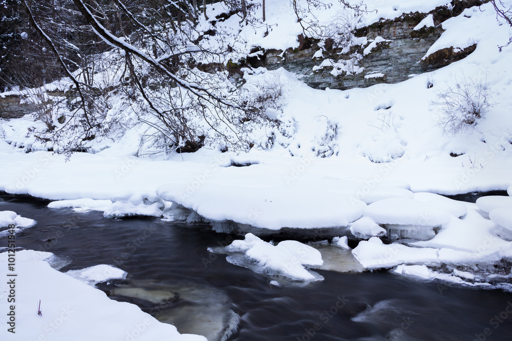 Flowing river in winter