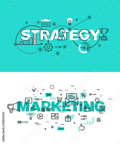 Set of modern vector illustration concepts of words strategy and marketing. Thin line flat design banners for website and mobile website, easy to use and highly customizable.