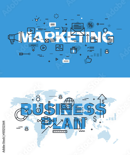Set of modern vector illustration concepts of words marketing and business plan. Thin line flat design banners for website and mobile website, easy to use and highly customizable.