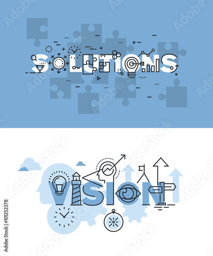 Set of modern vector illustration concepts of words solutions and vision. Thin line flat design banners for website and mobile website, easy to use and highly customizable.
