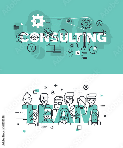 Set of modern vector illustration concepts of words consulting and team. Thin line flat design banners for website and mobile website, easy to use and highly customizable.