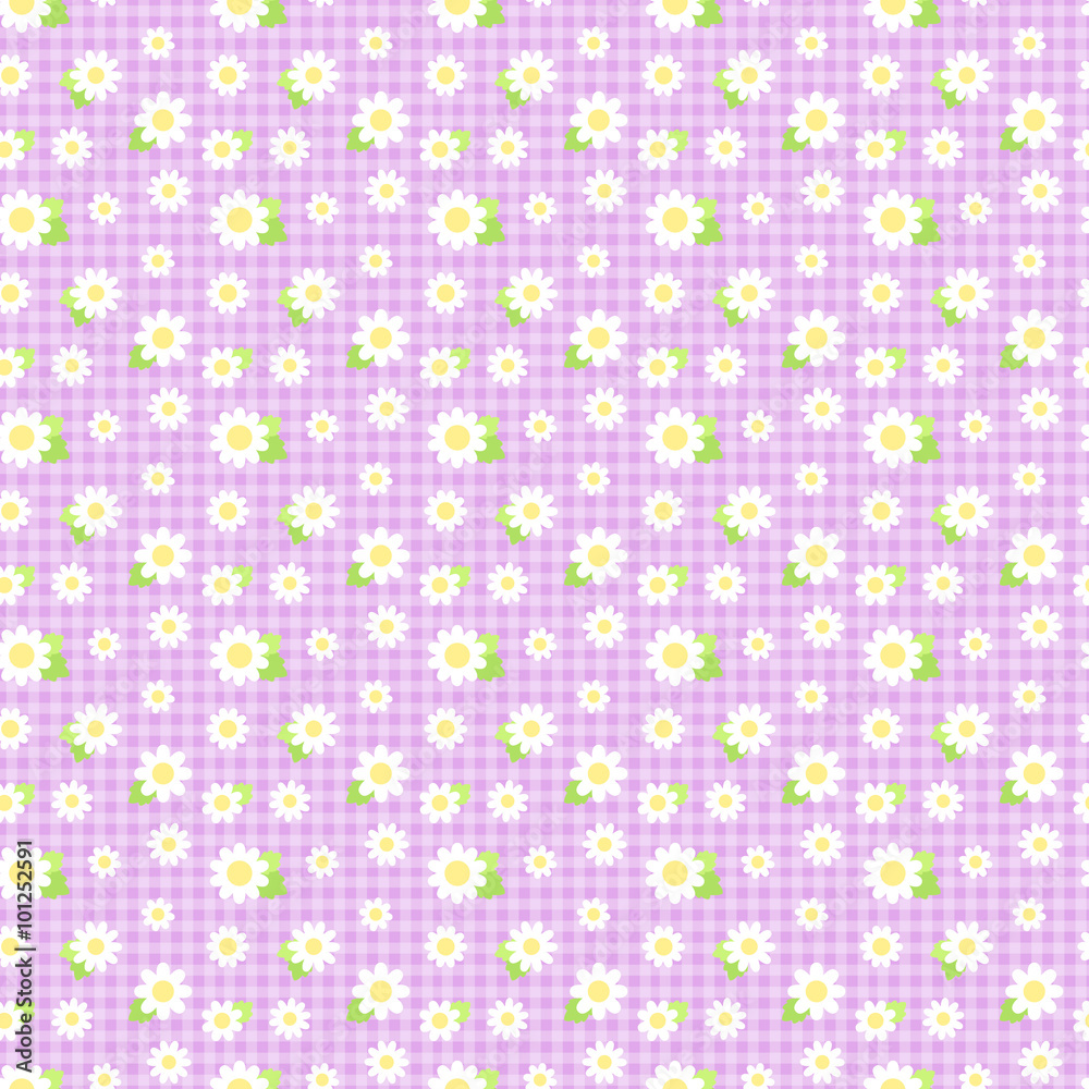 シンプルな花柄＋ギンガムチェック　シームレスパターン　紫色