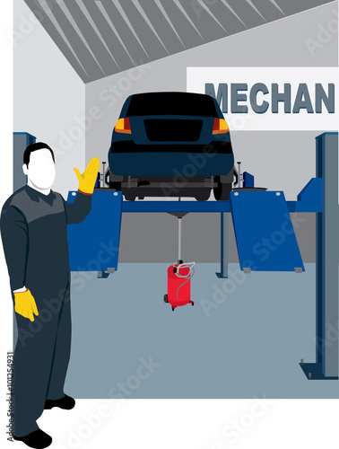 Mechanic with car in ramp