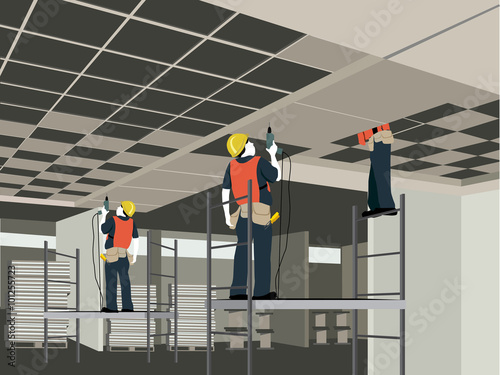 Three workers, instaling ceiling fixures
