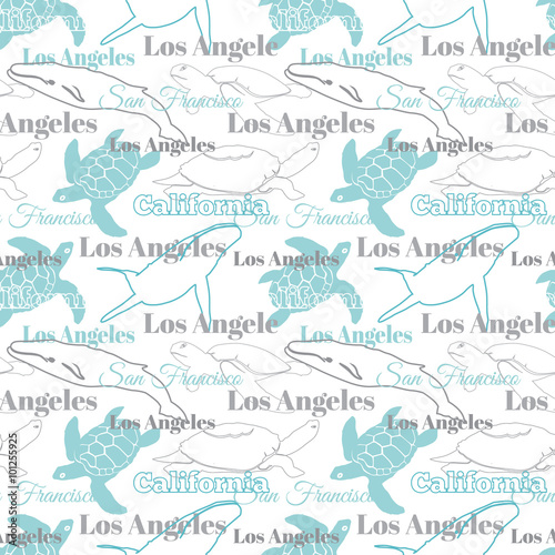 Fototapeta Naklejka Na Ścianę i Meble -  Vector Light California Cities Animals Travel Seamless Pattern with Los Angeles, San Francisco, Turtles, and Whales.