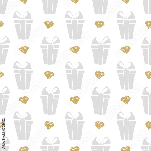 Vector seamless pattern gift boxes and diamondsl in doodle style. Hand drawing.