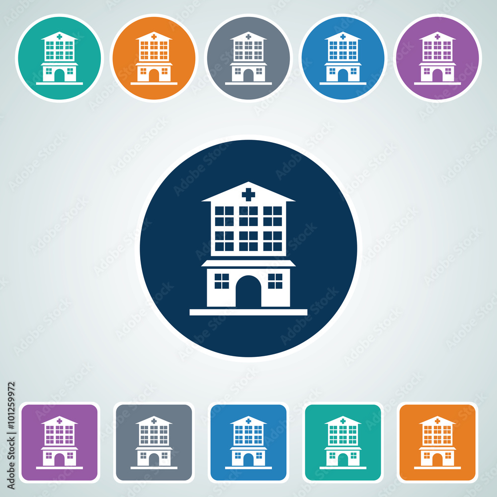 Icon of Hospital Building in Multi Color Circle & Square Shape. Eps-10. Icon of Hospital Building in Multi Color Circle & Square Shape. Eps-10.