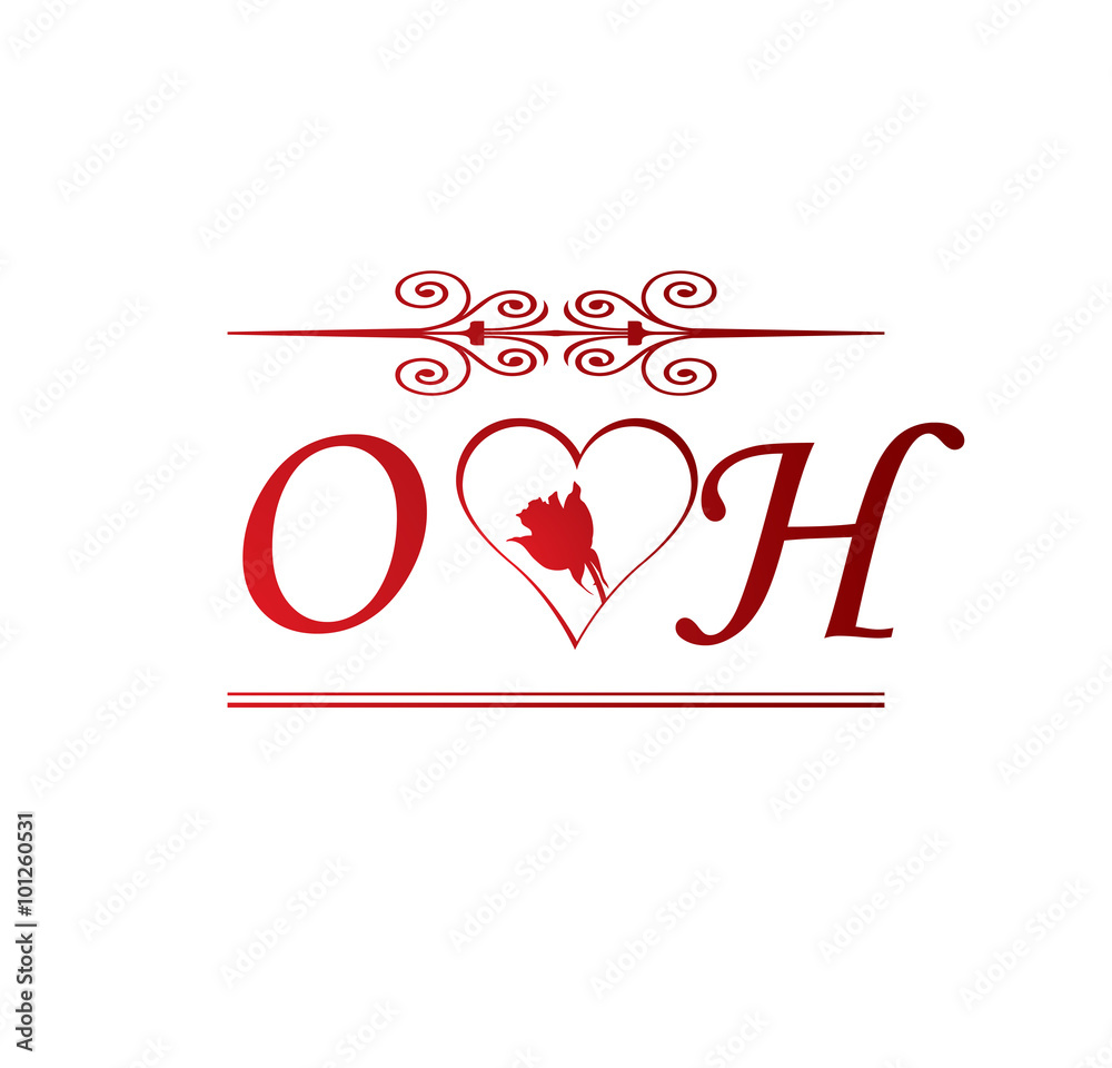 OH love initial with red heart and rose