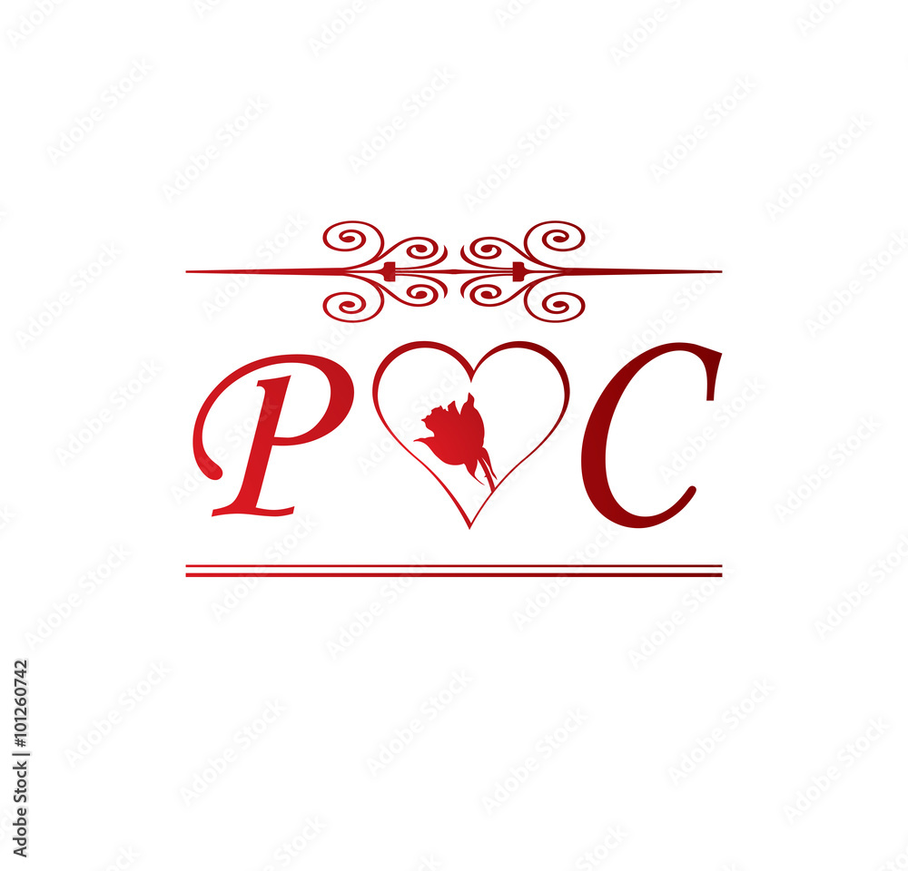 PC love initial with red heart and rose Stock-Vektorgrafik | Adobe Stock
